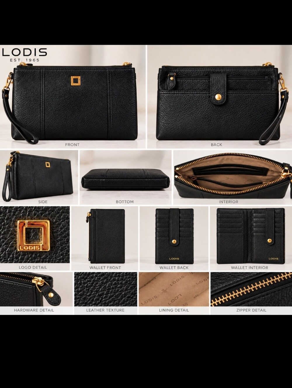 Lodis Black Pebbled Leather Wristlet Wallet with Gold Hardware